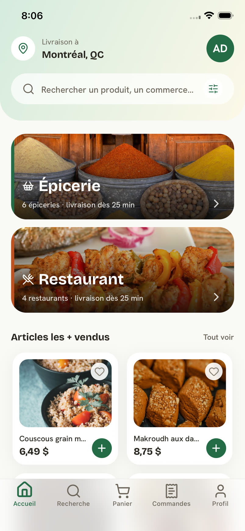 L'application Sougouba : l'accueil du client, avec les catégories Épicerie et Restaurant et les articles les plus vendus