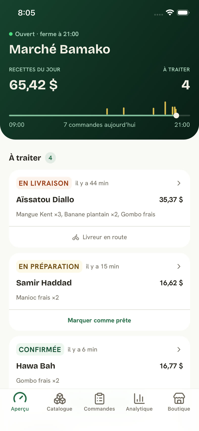 Le tableau de bord commerçant de Marché Bamako : recettes du jour et file des commandes à préparer