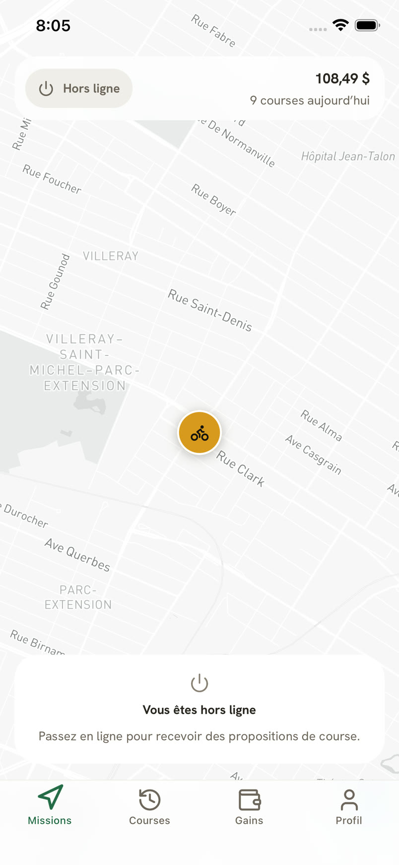 L'application livreur : la carte des missions dans Villeray et Parc-Extension, avec les gains du jour